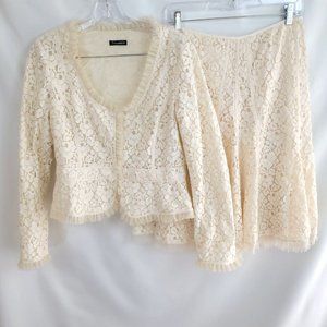 Tahari 2PC Sz 6/10 S/M Lace Suit Cropped Cream Ivory Wedding Mother of the Bride